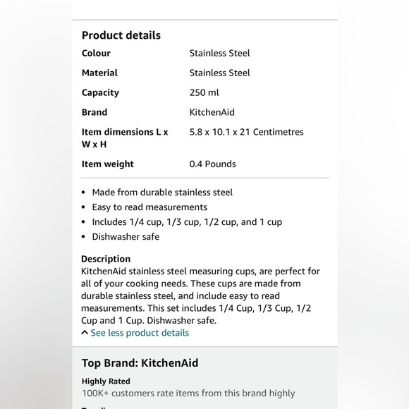 Kitchen Aid Stainless  steel measuring cups set of 4 New - Picture 5 of 11